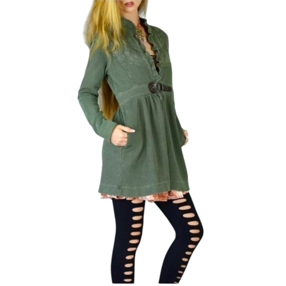 Tough Luv Waffle Knit Cardigan S Olive Green Cottagecore Sgt Pepper jacket - Picture 3 of 8